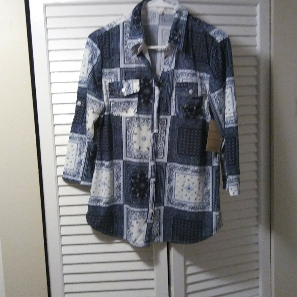 blue and white blouse